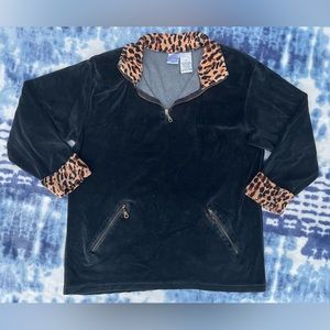 Vintage Black Velour Leopard Accent Trim Jason Maxwell Pullover Petite Medium